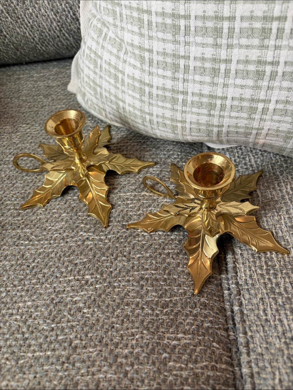Vintage Lacquered Brass Candle Stick Holders Poinsettia Leaves autumn Holiday